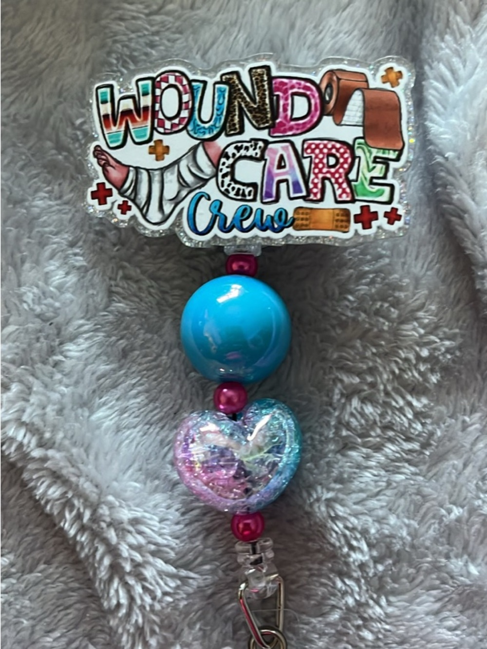 Wound Care Crew Badge Reel - Blue & Pink Heart Accent